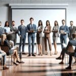 Grupo de jóvenes emprendedores presentando un pitch en un auditorio moderno