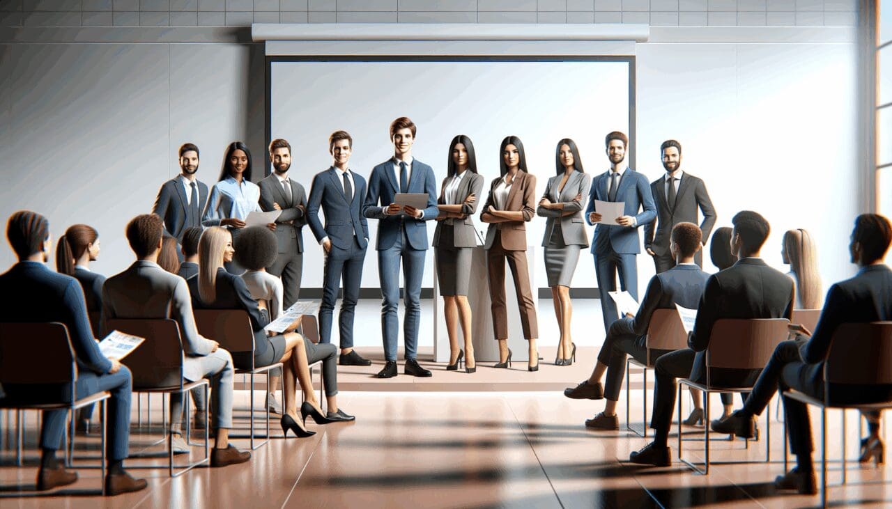 Grupo de jóvenes emprendedores presentando un pitch en un auditorio moderno