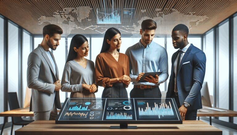 Equipo multicultural reunido frente a pantallas con gráficos digitales en un moderno espacio de coworking.