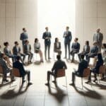 Grupo de emprendedores y representantes gubernamentales dialogando en un moderno centro cultural.