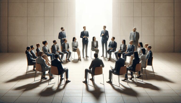 Grupo de emprendedores y representantes gubernamentales dialogando en un moderno centro cultural.