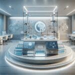 Laboratorio moderno con equipos tecnológicos y tubos de ensayo en un entorno limpio.