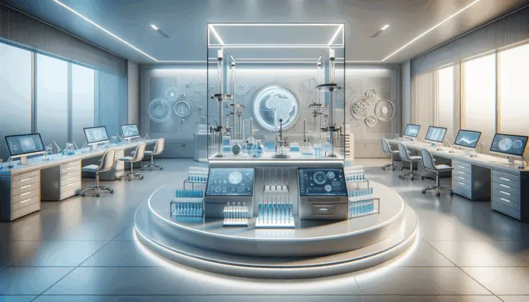 Laboratorio moderno con equipos tecnológicos y tubos de ensayo en un entorno limpio.