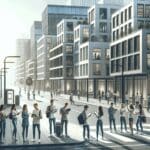 Calle moderna de una ciudad europea rodeada de edificios innovadores y personas jóvenes interactuando con dispositivos tecnológicos.