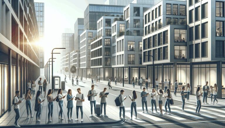 Calle moderna de una ciudad europea rodeada de edificios innovadores y personas jóvenes interactuando con dispositivos tecnológicos.