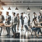 Un grupo diverso de emprendedores conversando en un moderno espacio de coworking, laptops y pizarras visibles.