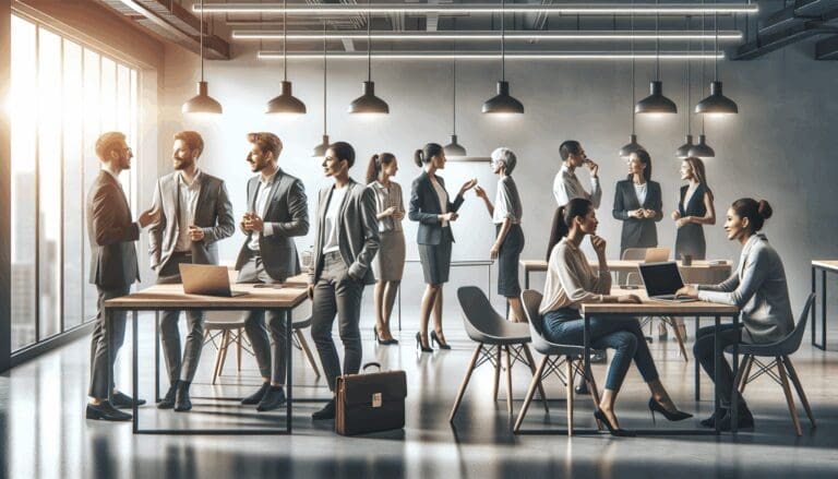 Un grupo diverso de emprendedores conversando en un moderno espacio de coworking, laptops y pizarras visibles.