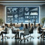 Oficina moderna con emprendedores colaborando frente a pantallas con gráficos y códigos digitales.