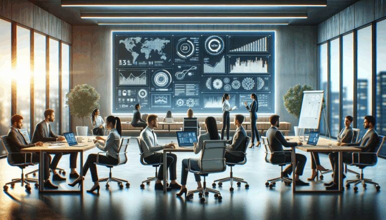 Oficina moderna con emprendedores colaborando frente a pantallas con gráficos y códigos digitales.