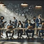 Emprendedores colaborando en un espacio de coworking moderno con laptops y pizarras digitales.