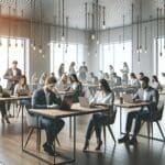 Sala moderna con emprendedores trabajando en laptops durante un taller de innovación