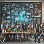 Equipo de jóvenes emprendedores reunidos en un entorno moderno, colaborando frente a una pizarra digital con gráficos y esquemas sobre sostenibilidad.