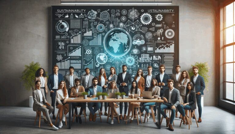Equipo de jóvenes emprendedores reunidos en un entorno moderno, colaborando frente a una pizarra digital con gráficos y esquemas sobre sostenibilidad.