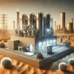 Planta compacta de energía en un entorno árido con equipos tecnológicos y combustible fósil en el fondo.