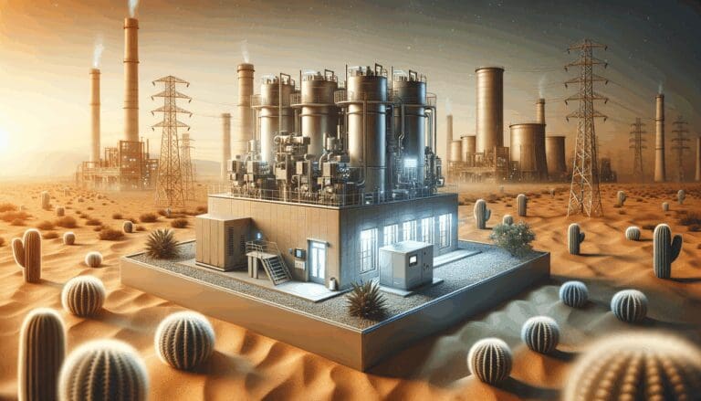 Planta compacta de energía en un entorno árido con equipos tecnológicos y combustible fósil en el fondo.