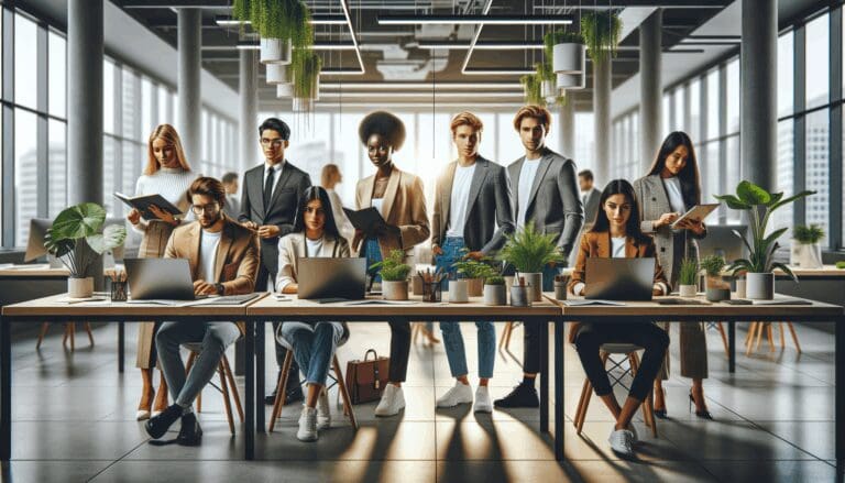 Equipo de jóvenes emprendedores trabajando en un espacio moderno con plantas y pantallas digitales.