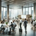 Espacio de coworking moderno con emprendedores colaborando y pantallas tecnológicas.