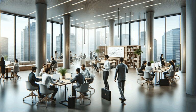 Espacio de coworking moderno con emprendedores colaborando y pantallas tecnológicas.