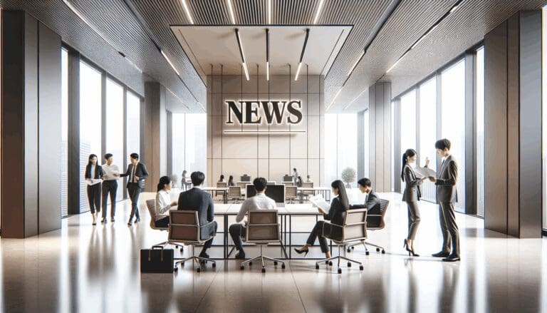 Startup tecnológica asiática con equipos colaborando en una oficina moderna y luminosa