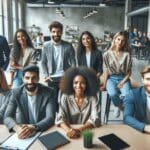 Foto de un grupo de emprendedores en un espacio de coworking moderno y dinámico.