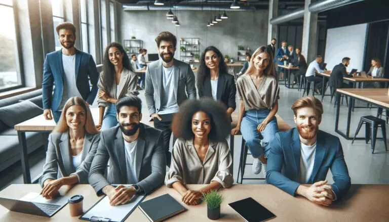 Foto de un grupo de emprendedores en un espacio de coworking moderno y dinámico.