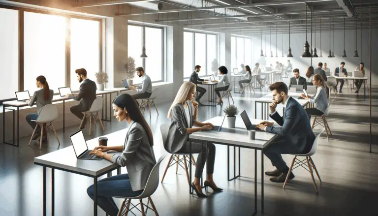 Espacio de coworking moderno con emprendedores trabajando en laptops