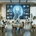 Espacio de coworking moderno con emprendedores colaborando y pantallas digitales mostrando datos de inteligencia artificial.