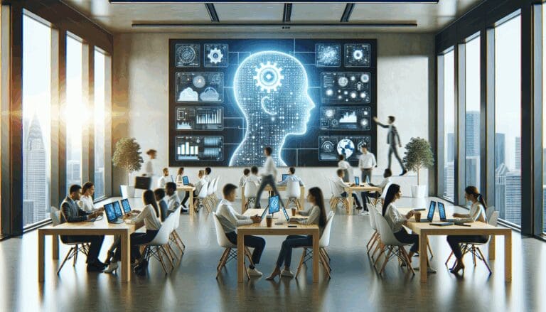 Espacio de coworking moderno con emprendedores colaborando y pantallas digitales mostrando datos de inteligencia artificial.