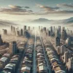 Vista panorámica de una ciudad chilena con edificios residenciales y gráficos digitales superpuestos