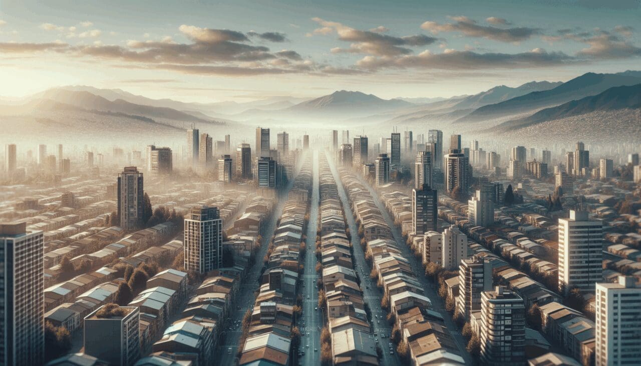 Vista panorámica de una ciudad chilena con edificios residenciales y gráficos digitales superpuestos