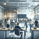 Oficina moderna con equipos tecnológicos y emprendedores colaborando en un espacio de coworking luminoso.