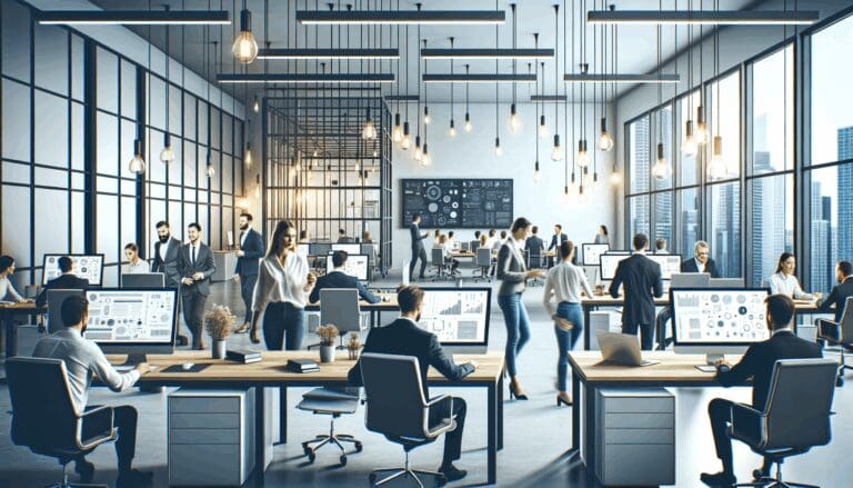 Oficina moderna con equipos tecnológicos y emprendedores colaborando en un espacio de coworking luminoso.