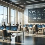 Interior de una incubadora de startups moderna, con emprendedores colaborando frente a computadoras y paneles de datos.