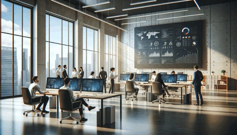 Interior de una incubadora de startups moderna, con emprendedores colaborando frente a computadoras y paneles de datos.