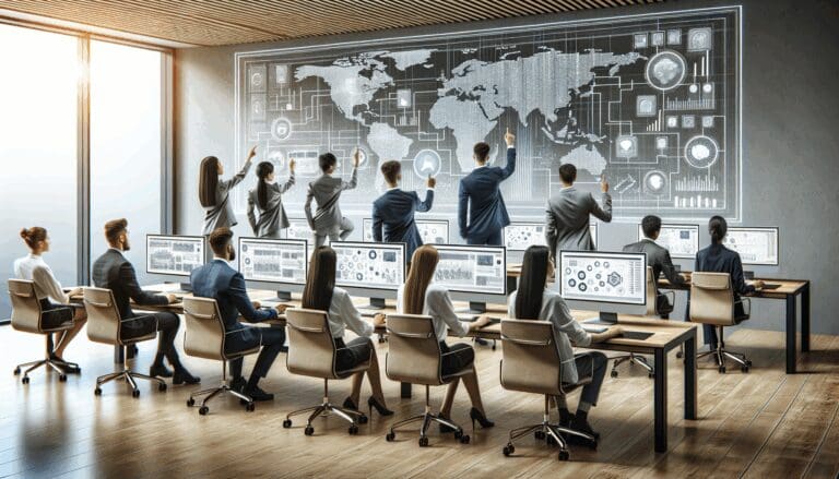 Oficina moderna con un equipo de jóvenes analizando pantallas y esquemas de flujo logístico digital.