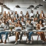Grupo diverso de emprendedores reunidos en un espacio de coworking moderno con laptops y pizarras digitales.