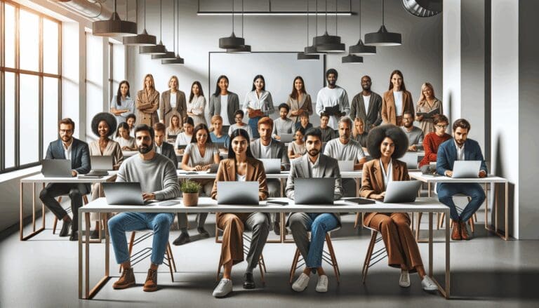 Grupo diverso de emprendedores reunidos en un espacio de coworking moderno con laptops y pizarras digitales.