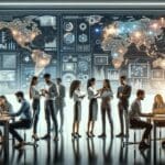 Ilustración conceptual de dos equipos de jóvenes emprendedores colaborando frente a pantallas con visualizaciones de datos y circuitos, en un entorno moderno y tecnológico.