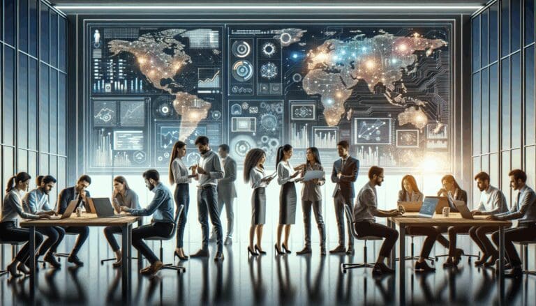 Ilustración conceptual de dos equipos de jóvenes emprendedores colaborando frente a pantallas con visualizaciones de datos y circuitos, en un entorno moderno y tecnológico.