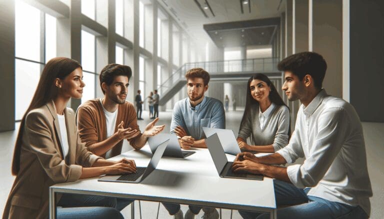 Grupo diverso de jóvenes emprendedores debatiendo frente a portátiles en un entorno universitario moderno.