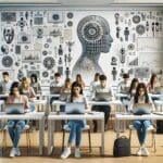 Estudiantes utilizando laptops en un aula moderna con ilustraciones de inteligencia artificial en el fondo