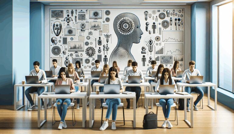 Estudiantes utilizando laptops en un aula moderna con ilustraciones de inteligencia artificial en el fondo