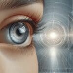 Primer plano de un ojo humano con un lente de contacto futurista, fondo desenfocado de laboratorio tecnológico.