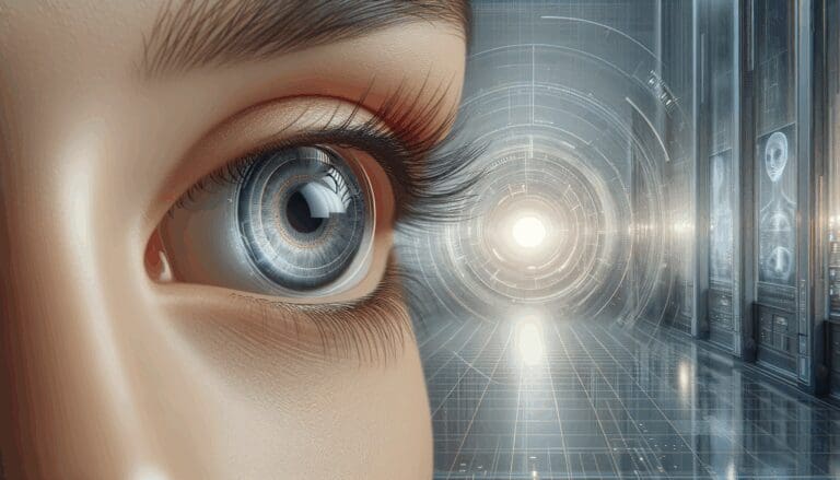 Primer plano de un ojo humano con un lente de contacto futurista, fondo desenfocado de laboratorio tecnológico.