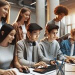 Jóvenes estudiantes colaborando con tecnología en un ambiente educativo moderno