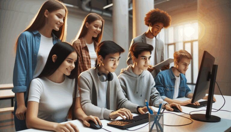 Jóvenes estudiantes colaborando con tecnología en un ambiente educativo moderno