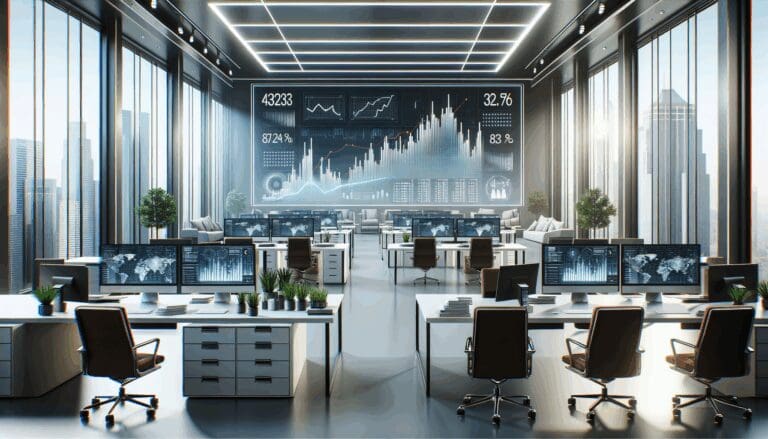 Oficinas modernas con equipos tecnológicos y pantallas que muestran gráficos financieros.