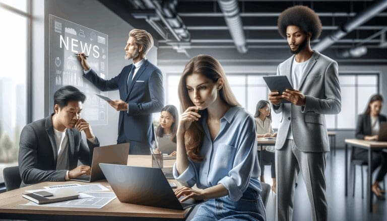 Personas jóvenes colaborando en un espacio de coworking moderno con laptops y pizarras digitales.