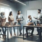 Grupo multicultural de emprendedores conversando animadamente en una oficina moderna con laptops y pizarras digitales.