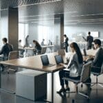 Oficina moderna con ambiente de trabajo colaborativo y tecnología visible, personas trabajando en laptops.